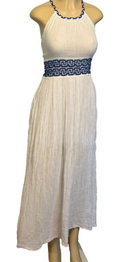 Greece Made Cotton White Blue Greek Key Embroidered Halter Maxi Dress OS Boho